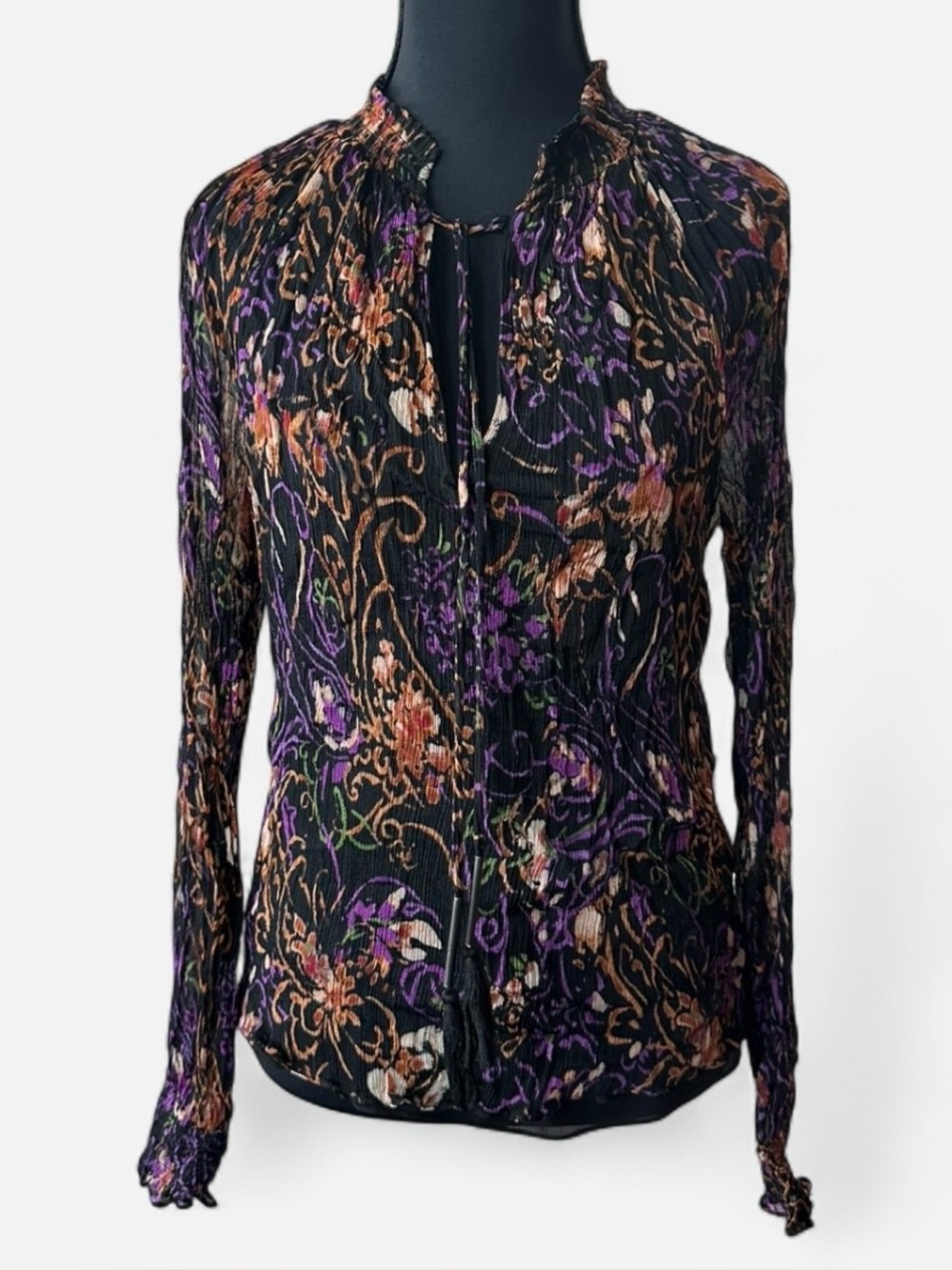 Ramy Brook Long Sleeved Black and Purple Blouse with Sheer Sleeves. Size XS - Picture 3 of 16